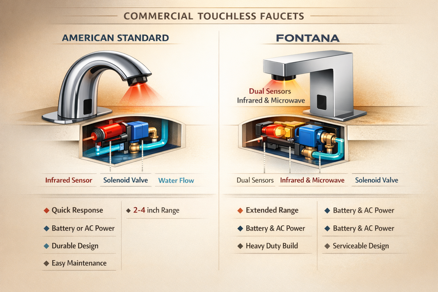Comparison of American Standard institutional reliability versus Fontana design-focused commercial solutions